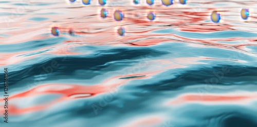 Spherical droplets hovering above rippling light blue liquid surface photo