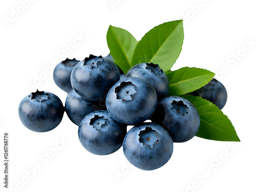 Fresh blueberries with bluberry leaves isolated on white background. Top vew.