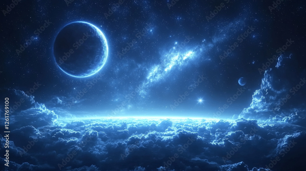 Blue celestial eclipse over misty cosmic cloudscape with glowing stars in deep space galaxy