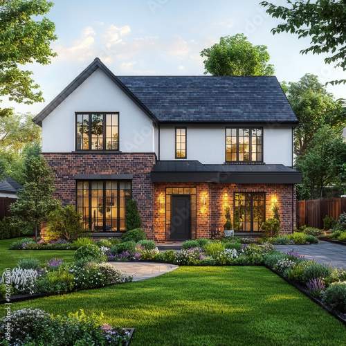 Modern luxury house with illuminated windows at dusk featuring landscaped garden and contemporary architectural design with warm exterior lighting