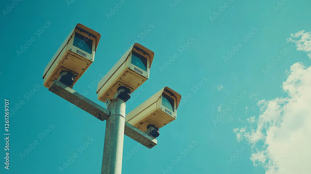 Security camera pole mounted against blue sky with white clouds surveillance system monitoring outdoors industrial protection Security camera pole mounted against blue sky with white clouds surveillance system monitoring outdoors industrial protection