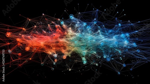 Abstract visualization of interconnected nodes and lines in vibrant colors representing data flow
