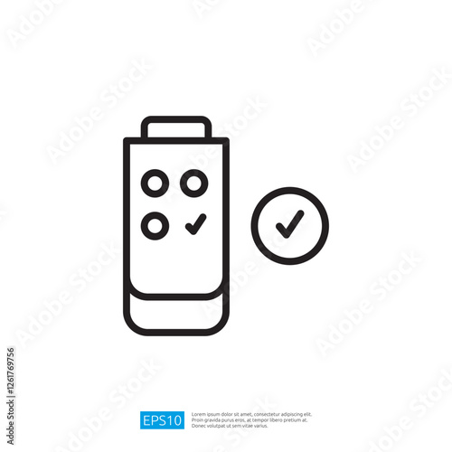 a simple battery icon with three charge indicators and a checkmark, symbolizing a fully charged or functional battery. Illustration icon