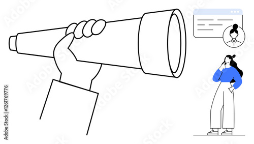 Hand holding a telescope signifies exploration woman with a thoughtful pose next to an online profile highlights decision-making. Ideal for job search, research, future planning, networking, personal