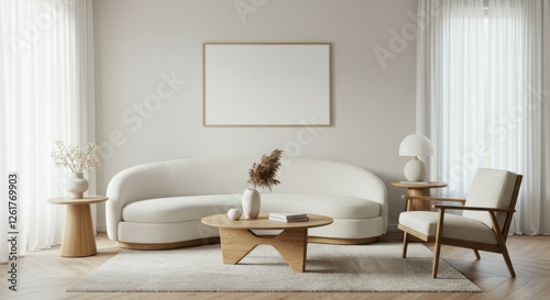 Minimalist living room, curved white sofa, wooden accent chair, round coffee table, neutral tones, large round rug, pendant light, sheer curtains, bright interior, Scandinavian design, clean lines, na