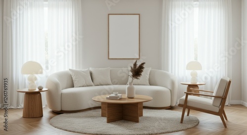 Minimalist living room, curved white sofa, wooden accent chair, round coffee table, neutral tones, large round rug, pendant light, sheer curtains, bright interior, Scandinavian design, clean lines, na
