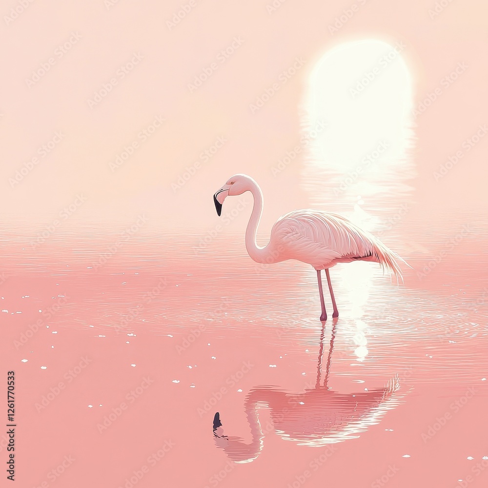 Fototapeta premium Elegant pink flamingo standing gracefully in shallow water at dawn