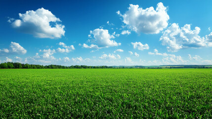 Acrylglasbilder Blau Green meadow with white fluffy clouds in bright blue sky, panoramic summer landscape with vivid horizon line and copy space  © Mavita