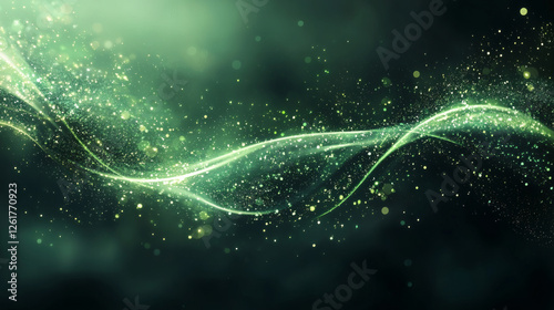 Abstract green glowing wave with sparkles in space nebula cosmic energy flow against dark background