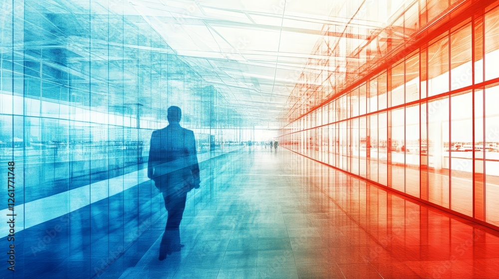 Abstract depiction of a businessman journeying through a modern building Abstract depiction of a businessman journeying through a modern building