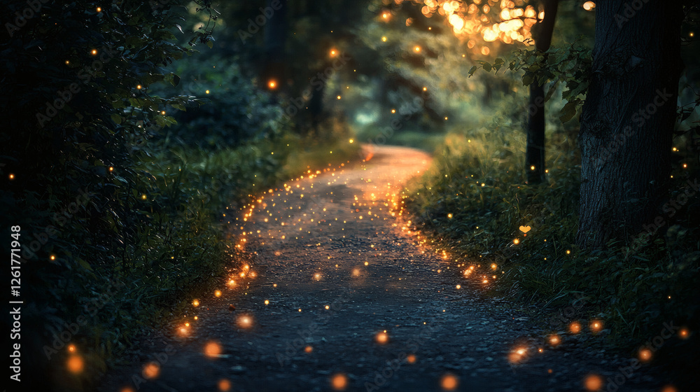 Obraz premium magical forest trail glowing lights nature path mystical woodland enchanted atmosphere landscape