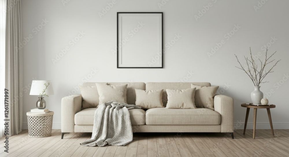 Fototapeta premium Minimalist living room, beige sofa, white walls, empty picture frame, side table with lamp, decorative branches, throw blanket, neutral tones, cozy interior, modern design, natural light, clean lines,