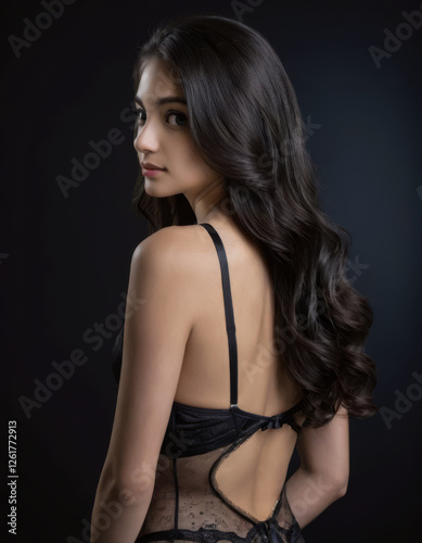 Elegant woman with long wavy black hair wearing black lace lingerie posing against dark background