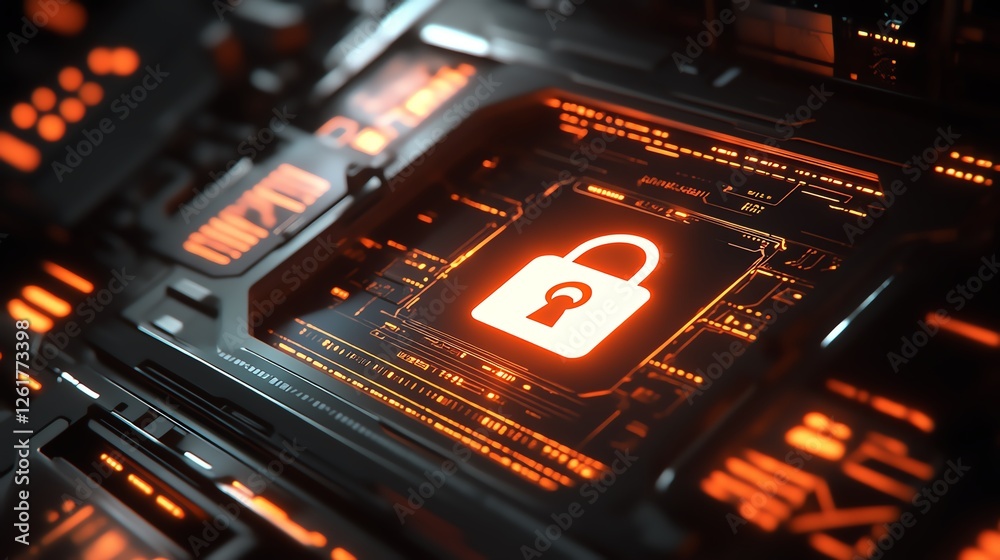 Digital Security System Featuring a Glowing Padlock Symbol on a High-Tech Interface in a Futuristic Environment Digital Security System Featuring a Glowing Padlock Symbol on a High-Tech Interface in a Futuristic Environment