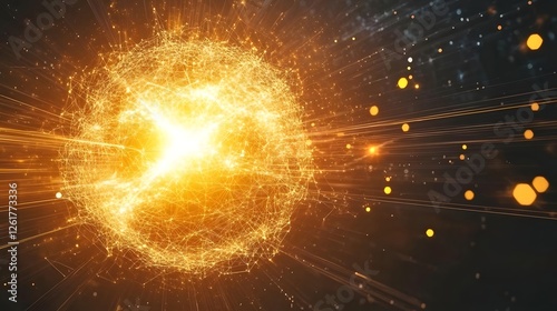 Abstract representation of energy burst with glowing particles and rays on a dark background