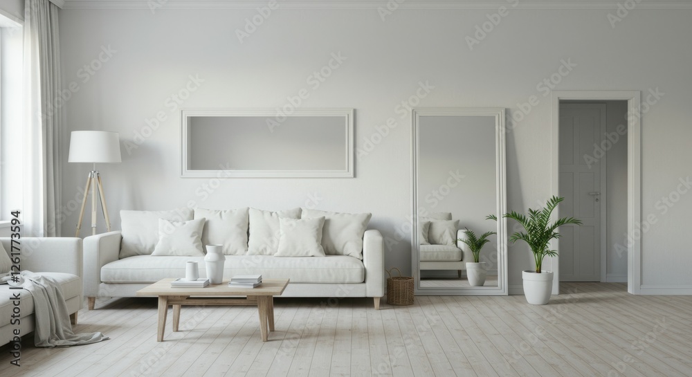 Fototapeta premium Minimalist living room, all-white interior, Scandinavian design, cozy sofa, wooden coffee table, large window, natural light, potted plant, framed artwork, clean lines, neutral tones, modern lamps, te