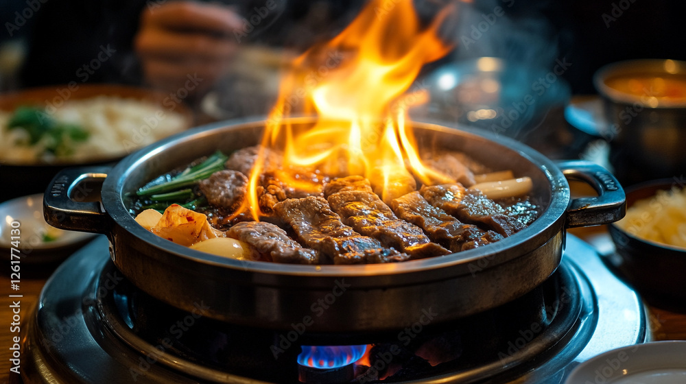 Fototapeta premium Delicious Flaming Korean BBQ Beef Bulgogi Hot Pot Dinner Meal Eat Food Meat Fire Grill Asian Spicy 