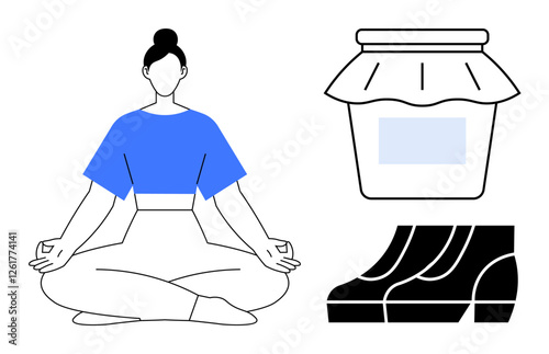 Woman seated in a meditative pose, jar with a cloth cover, and black and white stack of books. Ideal for wellness, meditation, relaxation, reading, knowledge preservation mindfulness themes. Simple