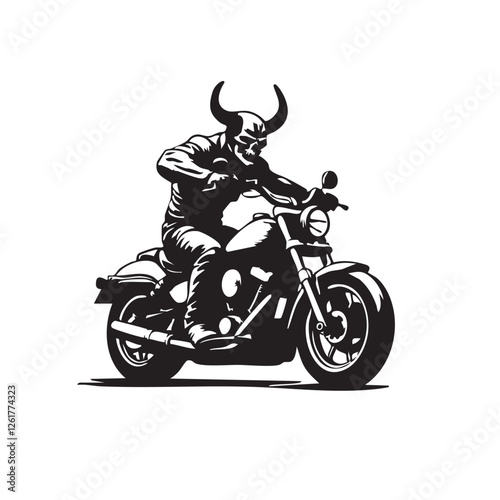 Monochrome vector of a horned skull riding a motorcycle, detailed, edgy, perfect for prints., Easy editable layere.