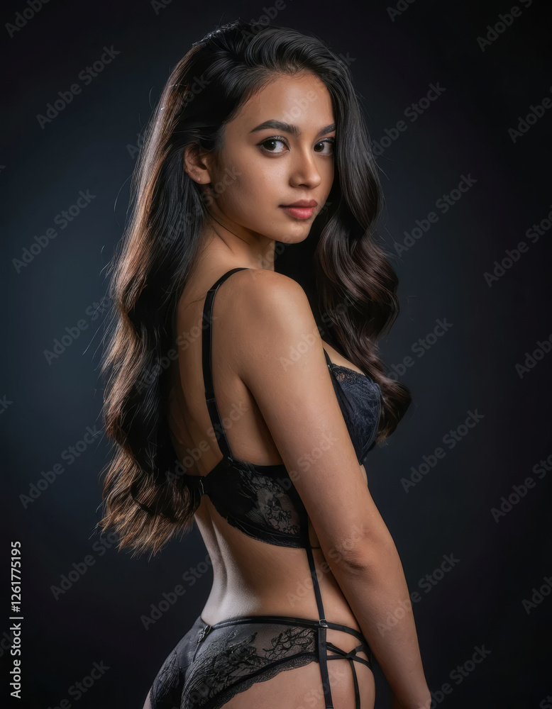 Naklejka premium Elegant woman with long wavy hair posing in black lace lingerie against dark background, sensual fashion portrait with soft lighting