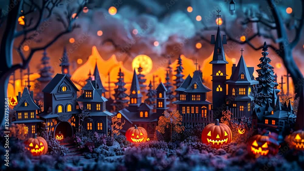 Paper craft style Halloween haunted village scenery at night time, Paper craft style Halloween haunted village scenery at night time,