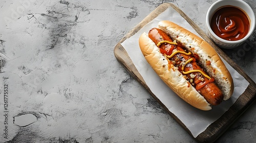 Delicious hotdog with ketchup and mustard on a wooden board backdrop