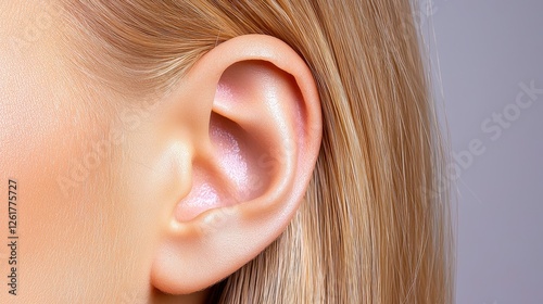 Close-up of a woman's ear showcasing beauty and personal care elements.
