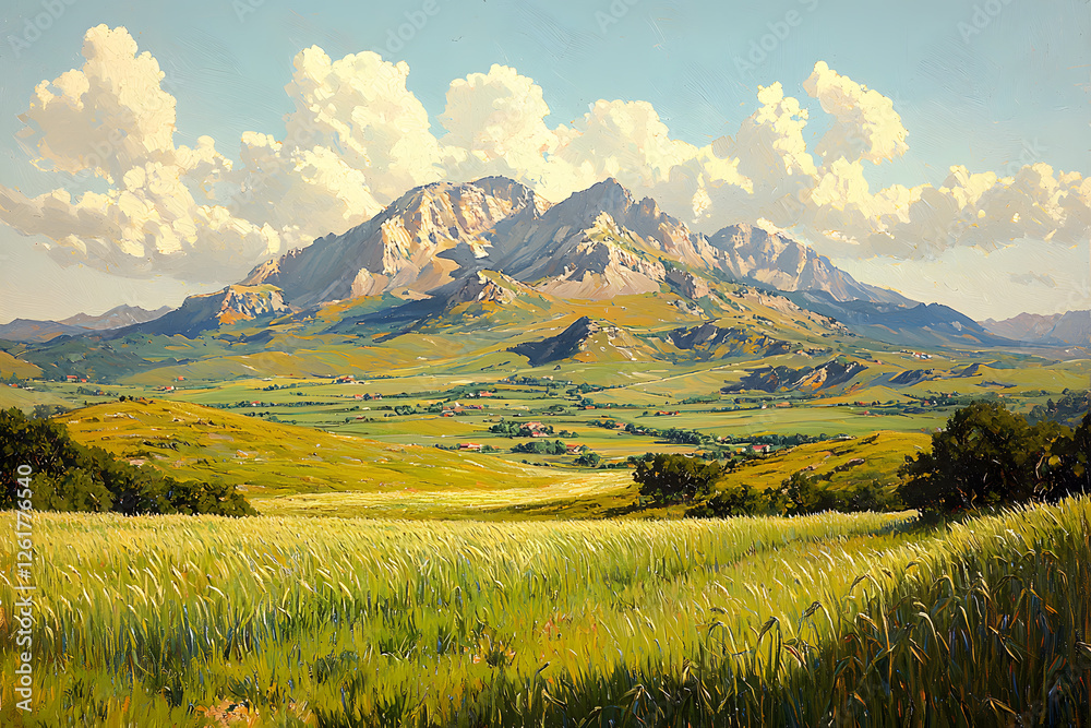 Fototapeta premium A painting of a rolling landscape with lush green wheat fields under a clear blue sky. Sunlight filters through the clouds, creating soft shadows.