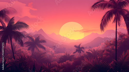 Beautiful Sunset beach in pink color with palm trees landscape.
