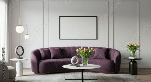 Modern living room, minimalist interior design, plum velvet sofa, white walls, large blank canvas artwork, sleek coffee table, green plant centerpiece, round mirror, pendant light, grey flooring, subt