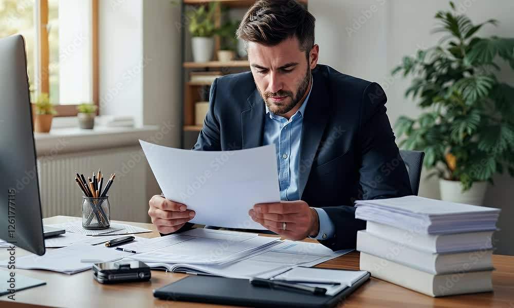 Businessman Working with Documentation at Desk Businessman Working with Documentation at Desk