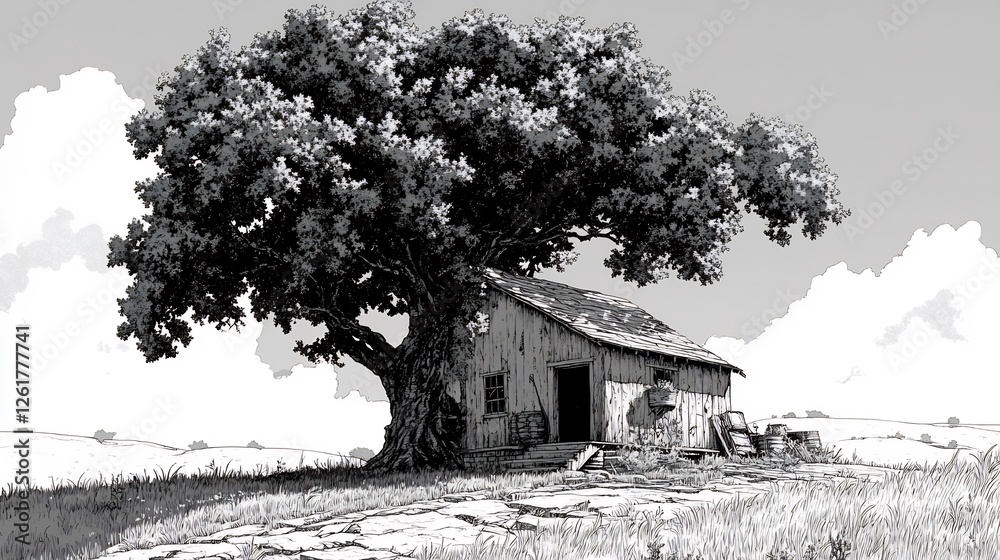 Weathered barn shelters beneath sprawling oak tree dramatic monochrome landscape. AI Generated Weathered barn shelters beneath sprawling oak tree dramatic monochrome landscape. AI Generated