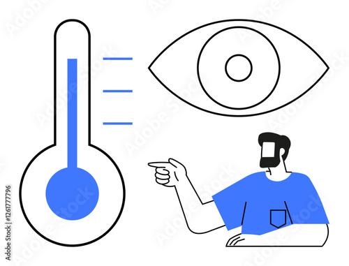 Man points at a thermometer with blue elements and an eye icon indicating observation, focus. Ideal for health, science, vision, analysis, attention, data monitoring evaluation concepts. Simplistic