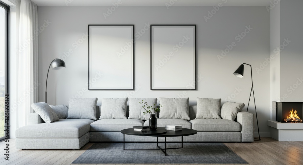 Fototapeta premium Modern minimalist living room, gray sofa, two large blank picture frames, white walls, hardwood floor, black coffee table, floor lamps, natural light, Scandinavian design, clean lines, monochromatic c