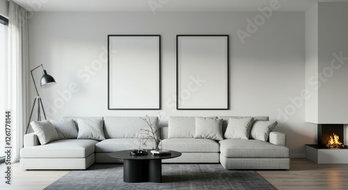 Modern minimalist living room, gray sofa, two large blank picture frames, white walls, hardwood floor, black coffee table, floor lamps, natural light, Scandinavian design, clean lines, monochromatic c