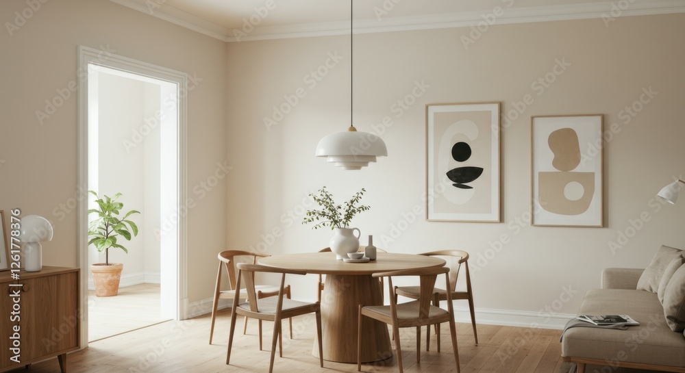 Minimalist dining room, white brick wall, large empty frame, wooden table and chairs, track lighting, vase with branches, neutral color palette, Scandinavian design, clean lines, spacious interior, na Minimalist dining room, white brick wall, large empty frame, wooden table and chairs, track lighting, vase with branches, neutral color palette, Scandinavian design, clean lines, spacious interior, na