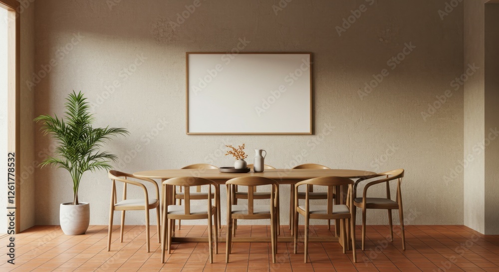 Minimalist dining room, Scandinavian design, wooden table, wishbone chairs, pendant light, potted plant, neutral tones, warm lighting, parquet flooring, textured wall, mid-century modern sideboard, se Minimalist dining room, Scandinavian design, wooden table, wishbone chairs, pendant light, potted plant, neutral tones, warm lighting, parquet flooring, textured wall, mid-century modern sideboard, se