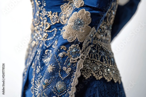 Elegant Blue Gown Exquisitely Embroidered With Gold And Jewels photo