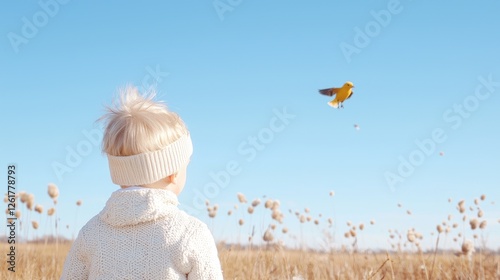 Toddler watches bird fly, autumn field