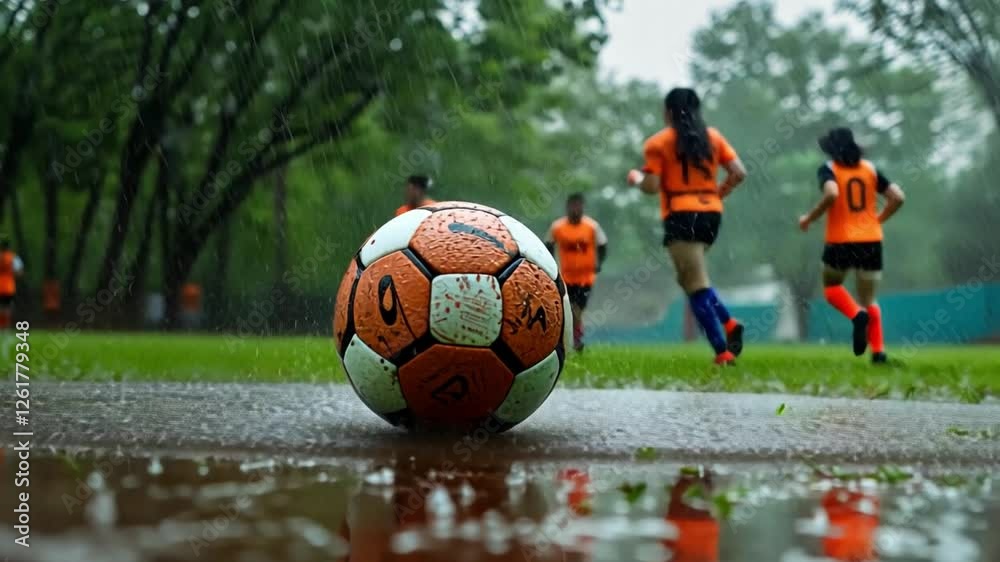 Soccer Ball on Rainy Field:  A close-up shot of a soccer ball resting in a puddle of water on a rain-soaked field, with blurred figures of players in orange jerseys running in the background.  
