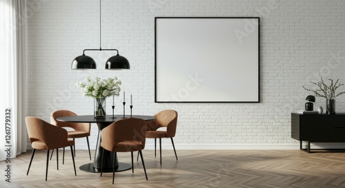 Wallpaper Mural Modern minimalist dining room, round black table, cognac leather chairs, white brick wall, large pendant light, potted plant, black sideboard, empty picture frame, wooden floor, natural light, Scandin Torontodigital.ca