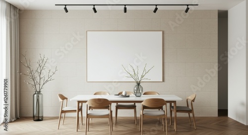 Modern minimalist dining room, white brick wall, large blank canvas, wooden dining table, mid-century chairs, track lighting, ceramic vases with branches, neutral color palette, open space, contempora photo