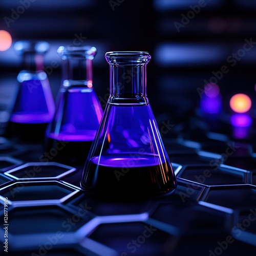 Colorful glass flasks filled with liquid on a hexagonal patterned table, creating a modern scientific atmosphere.