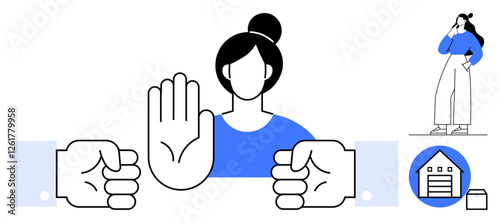 Stop hand gesture, person looking concerned, and house symbolize conflict resolution, boundaries, and decision-making. Ideal for communication, boundary setting, conflict prevention, problem-solving