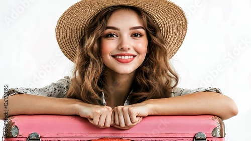 Summer Travel: A smiling young woman with wavy brown hair, wearing a straw hat, leans on a pink vintage suitcase, ready for her summer adventure. 