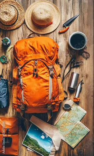 Vibrant orange backpack surrounded by travel essentials on wood