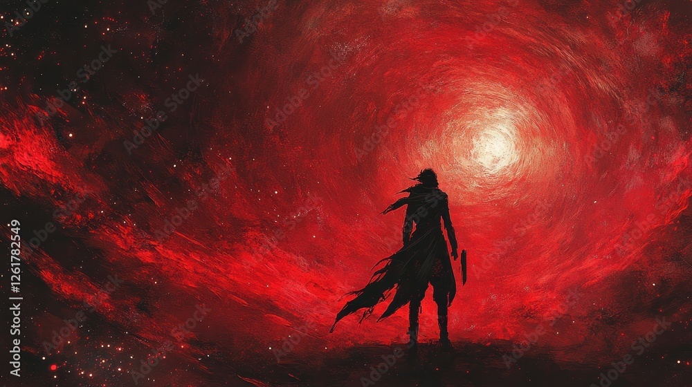 Silhouette stands against a swirling red cosmic entity Silhouette stands against a swirling red cosmic entity