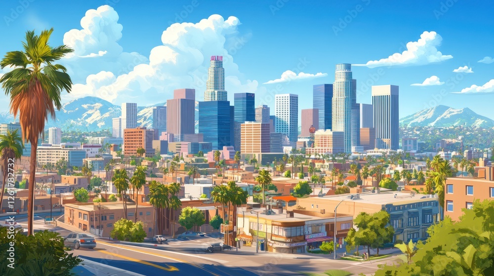 Obraz premium Sunny Los Angeles cityscape with palm trees and mountains.