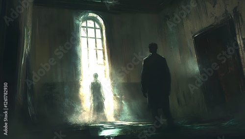 Haunted house interior, man & ghostly figure, misty window light