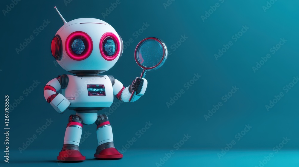 Fototapeta premium A 3D search engine robot holding a magnifying glass, scanning a digital landscape, symbolizing intelligent search